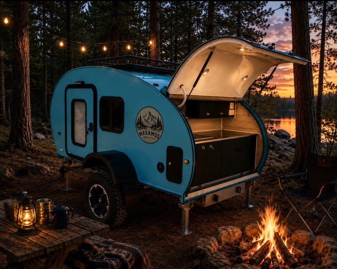 Lifestyle concept of a Maxamus teardrop camper beside a lake at dusk
