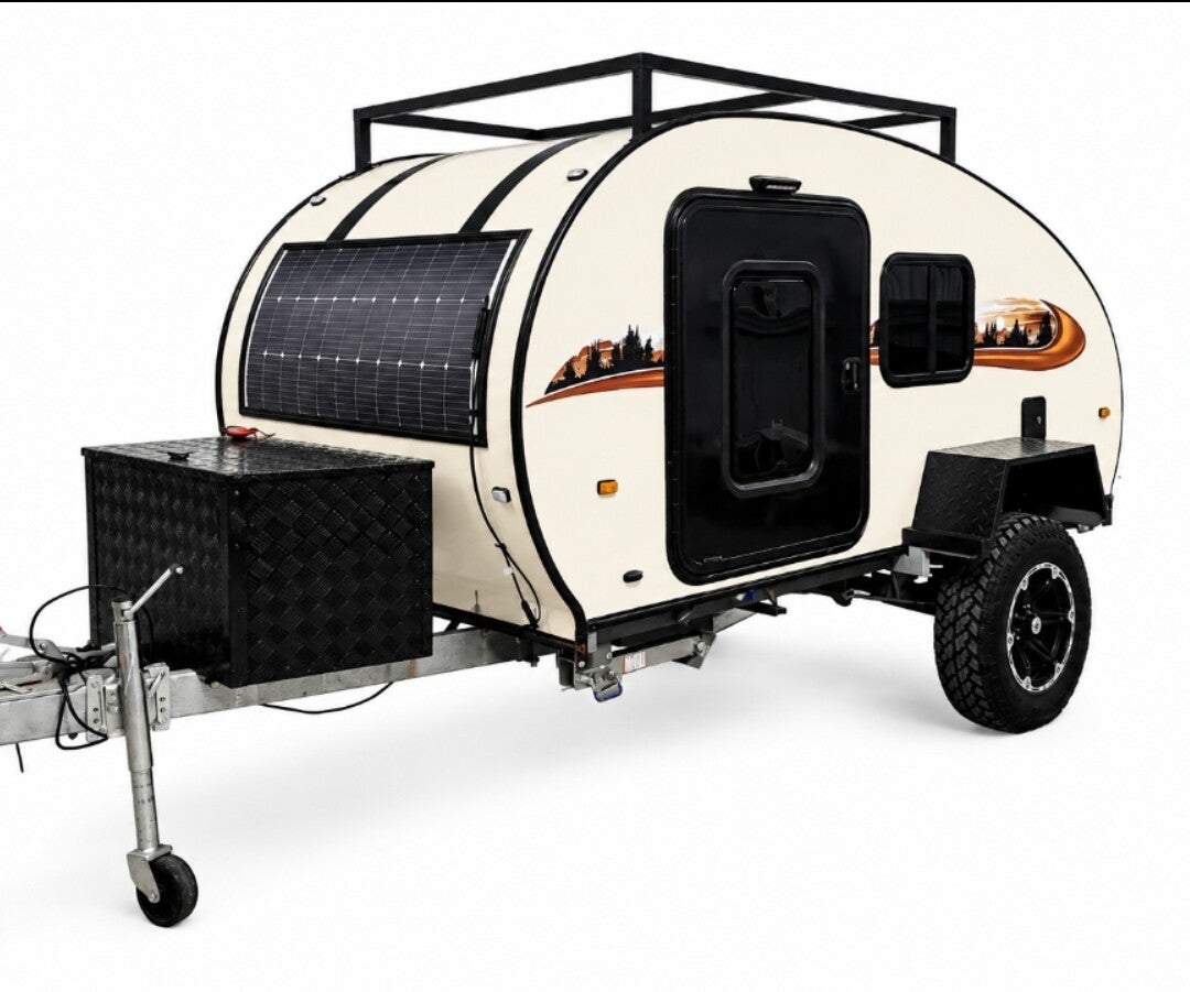 White teardrop with front storage box and roof panel